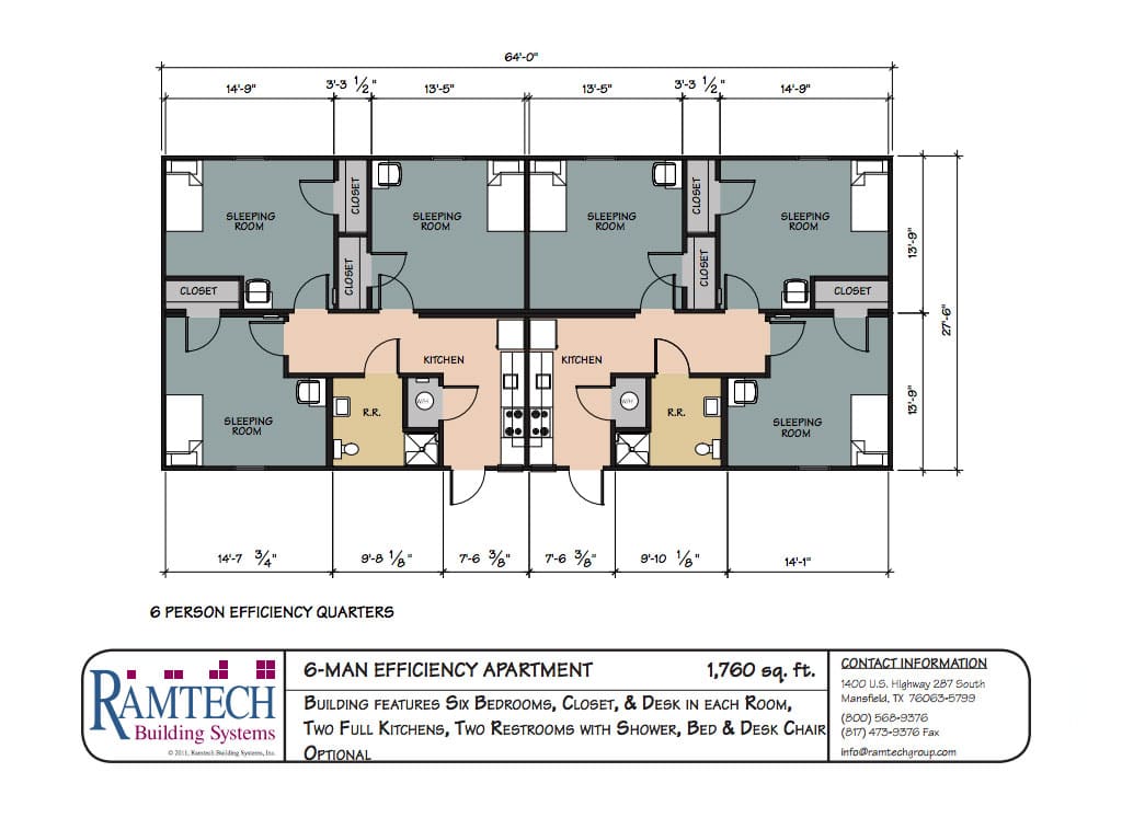 6 man efficiency apartment floor plan