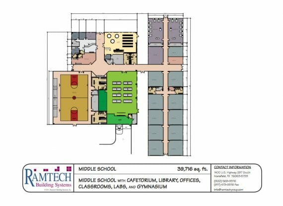 middle school cafeteria, library and offices floor plan